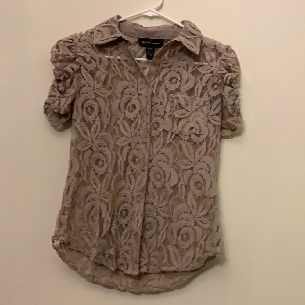 INC International Concepts sheer beige button up blouse rouched sleeves Size XS